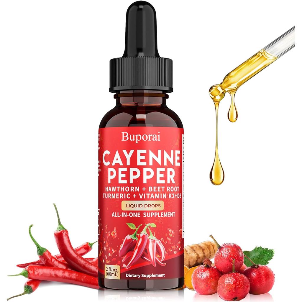 Buporai Cayenne Pepper Drops, Cayenne Pepper Extract Liquid plement for Overall Well-Being, 2 fl oz,