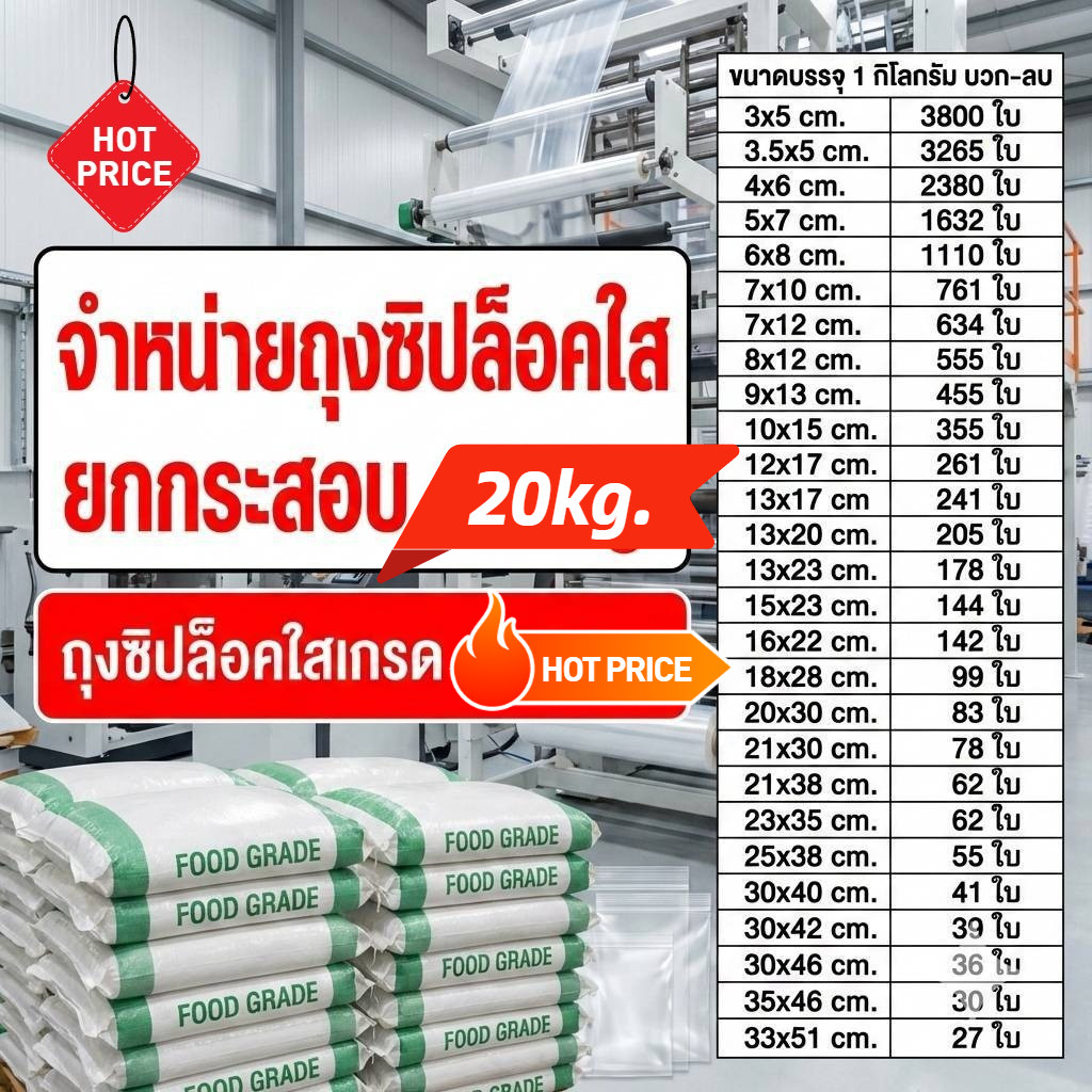 ถุงซิปล็อคใส ยกระสอบ 20 กิโลกรัม เกรดA  สะอาด หนา ปิดเเน่น ถุงซิปใส