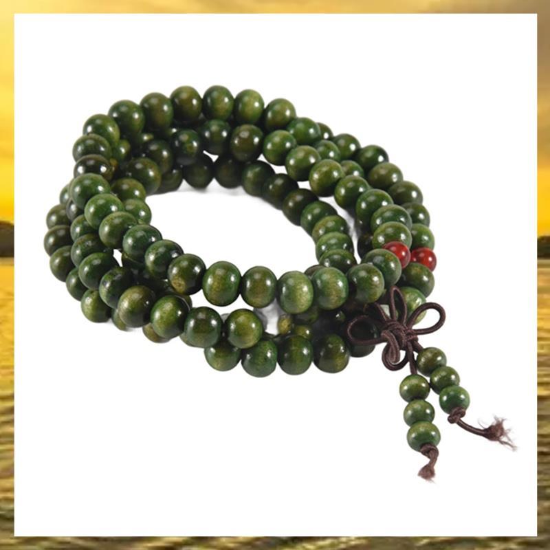 (PTL)Olive Green ไม้จันทน์ลูกปัดพระพุทธรูปพุทธสร้อยคอยืดลูกประคํา 29"