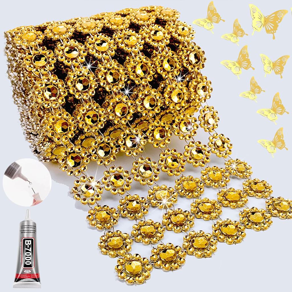 ผ้าตาข่าย Rhinestone สีทอง, 4IN X 3Yards 6Rows, Bling Ribbon Roll สําหรับงานฝีมือ, Mum Ribbon Wrap T