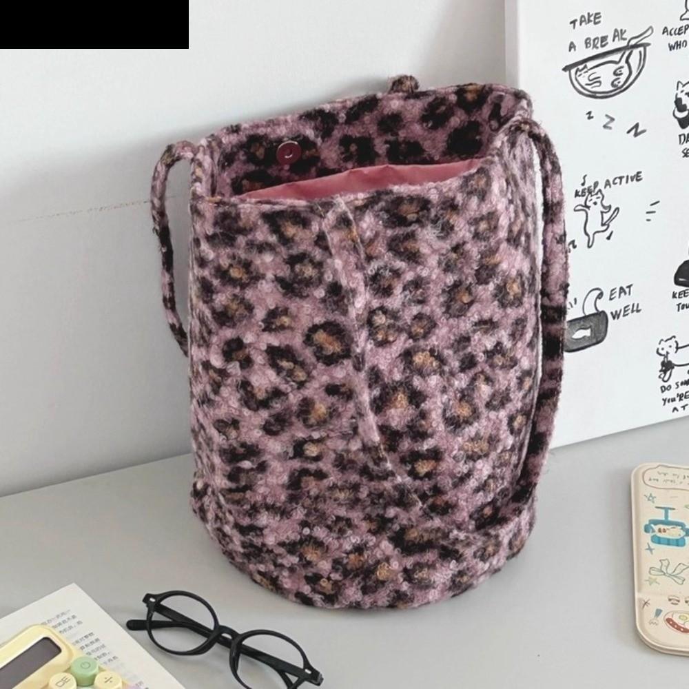 AUBREY1 Leopard Plush Tote Bag, สองด้านใช้ Plush Korean Leopard Shopping Bag, Y2K Sweet Aesthetic Le