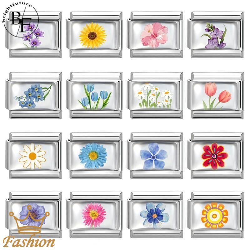 สร้อยข้อมือสแตนเลส ลายดอกไม้ epoxy อิตาเลียน charm ขนาด 9 มม. เหมาะสำหรับงาน DIY สไตล์เรโทร