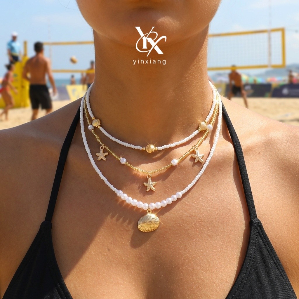 YX Shell ปลาดาวเมล็ดสร้อยคอลูกปัด 3 ชิ้นชุด Y2K ชายหาดฤดูร้อนอินเทรนด์ Aesthetic Party เครื่องประดับ
