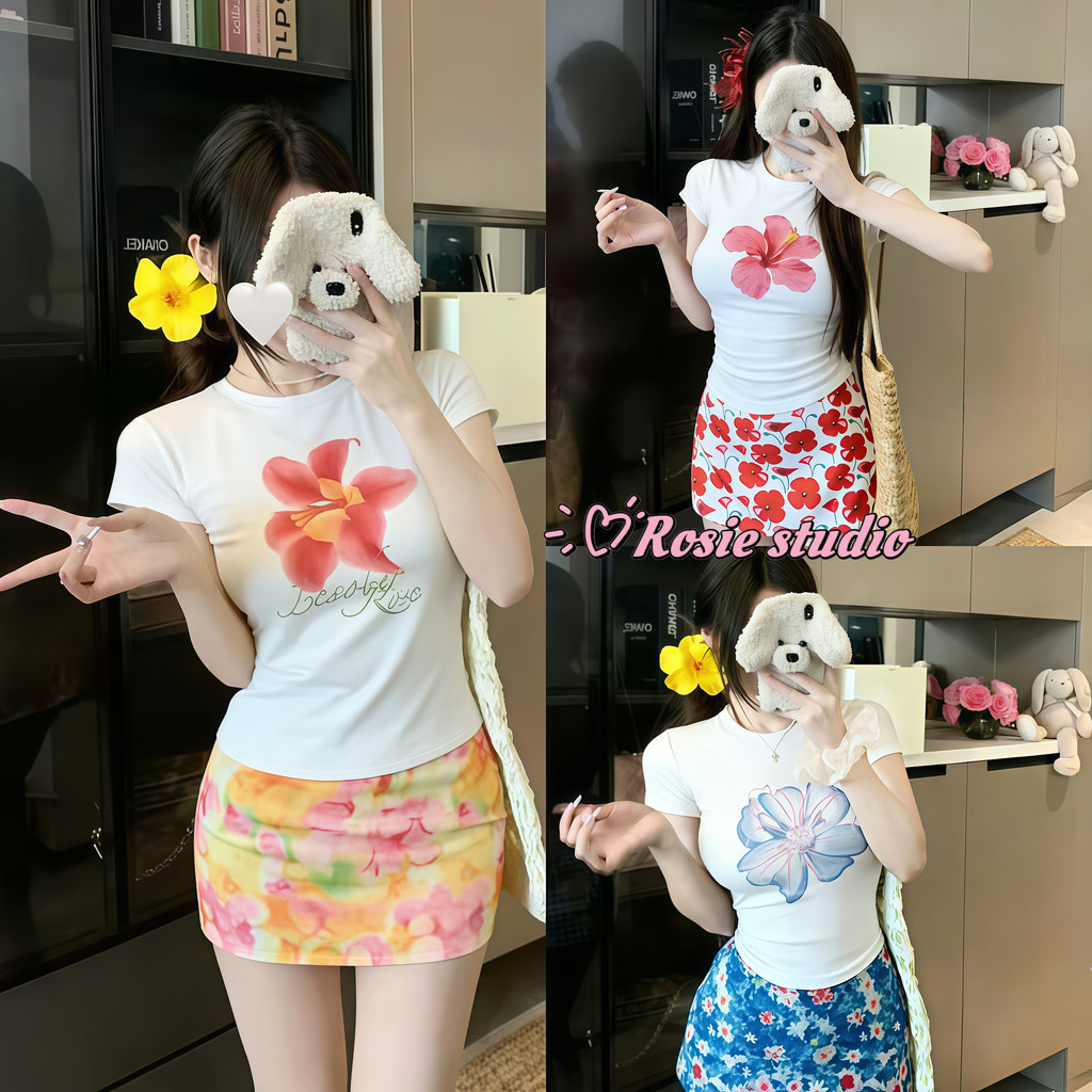 Rosie🌷พร้อมส่ง 🧀กระโปรงเอวต่ำลายภาพวาดสีน้ำมันสไตล์วันหยุดชายหาด มีชีวิตชีวา สวยงามตัวกระชับสัดส่วน