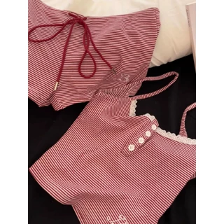 ส่งไวจากไทย🧸ชุดนอนเกาหลี 2 ชิ้น ชุดเซ็ตสายเดี่ยวลายทาง ใส่สบายไม่ร้อน ใส่เป็นชุดนอนหรือใส่อยู่บ้านก็น่ารัก