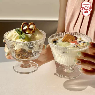 ชามแก้วใสลายวินเทจ ฐานสูง 255ml | ถ้วยไอศกรีม/ขนม/โยเกิร์ต สไตล์คาเฟ่ ถ่ายรูปสวย ใช้ในบ้านและร้าน