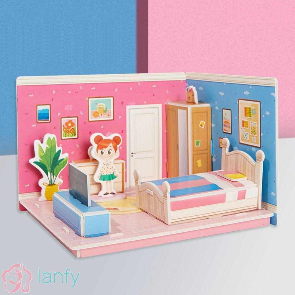 LANFY 3D Room Model Puzzle Toys,ของเล่นโมเดลกระดาษแข็งห้อง 3D,DIY ของเล่นเพื่อการศึกษาห้องครัวห้องนั