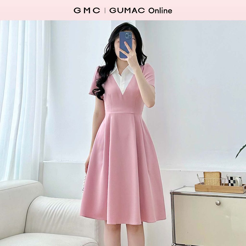 กูแมค ชุดเดรสพลีททรงเอผู้หญิงคอปกเสื้อแขนสั้นแต่งกระดุม LDF0824