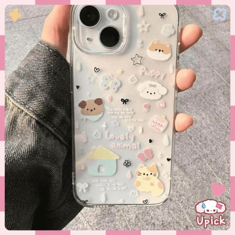 Upick-For IPhone 14 11 13 15 12 Pro Max XR X XS 7 8 Plus การ์ตูนหมาผีเสื้อน่ารัก คู่ คำนับความสนุก คนรัก ความหรูหราเคส