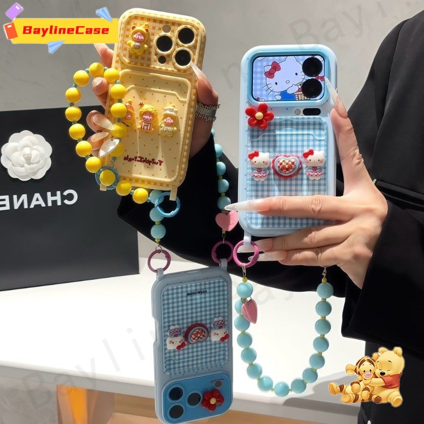 ขายร้อน Ins ลายสก๊อต Polka Dot 3D Twinkle Hello Kitty ตุ๊กตา + สร้อยข้อมือลูกปัดกระเป๋าเคสโทรศัพท์ใช้งานร่วมกับ iPhone 17 16 15 14 13 12 11 Pro Max X Xr Xs Max 8 7 Plus Cover