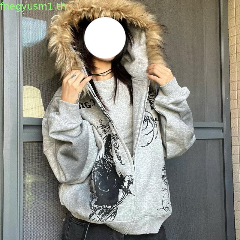 American Retro Y2k Millennium Fur Collar Zipper Hooded Jacket สําหรับผู้หญิง Dark Street Jacket
