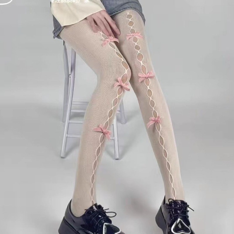 หลุมโบว์ Fishnet ถุงเท้าเอว Bow Hole Lolita Pantyhose JK สาว Pantyhose