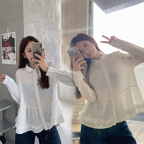 Red Berry เสื้อเชิ้ตผู้หญิงทรงหลวมสำหรับฤดูใบไม้ผลิ สีพื้น คอปกโปโล แขนยาวผ้าลูกไม้ W714