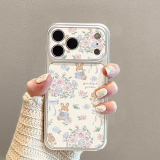 สําหรับ IPhone 17 16 15 14 Plus 13 12 11 Pro Max X XR XS Max ดอกไม้กระต่ายน่ารักเงินหน้าต่างขนาดใหญ่หนังเคสโทรศัพท์ปกอ่อน