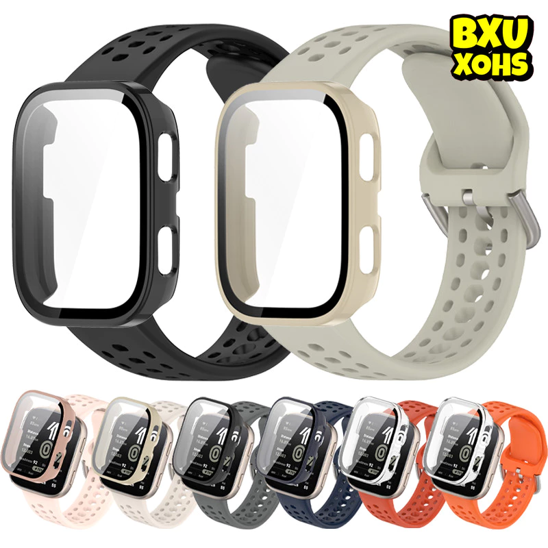 กรณีแก้วนิรภัยสายรัดซิลิโคน for Smart Watch Amazfit Bip 6 PC ปกป้องหน้าจอป้องกันชนเชลล์กีฬาสายรัดข้อมือยางอุปกรณ์เสริม