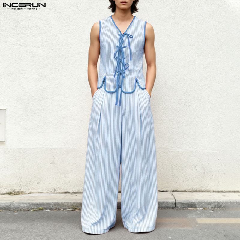 INCERUN Men Vintage Retro Casual V คอ Tie-Up Design แขนกุดบล็อกสีขากว้างชุดสูทสองชิ้น - รูปที่ 3