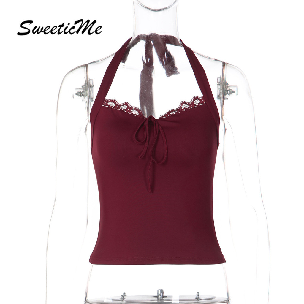 Camisole SweeticMe ลายลูกไม้ สปลิตTING เซ็กซี่ Backless Halter สำหรับสตรี - รูปที่ 5