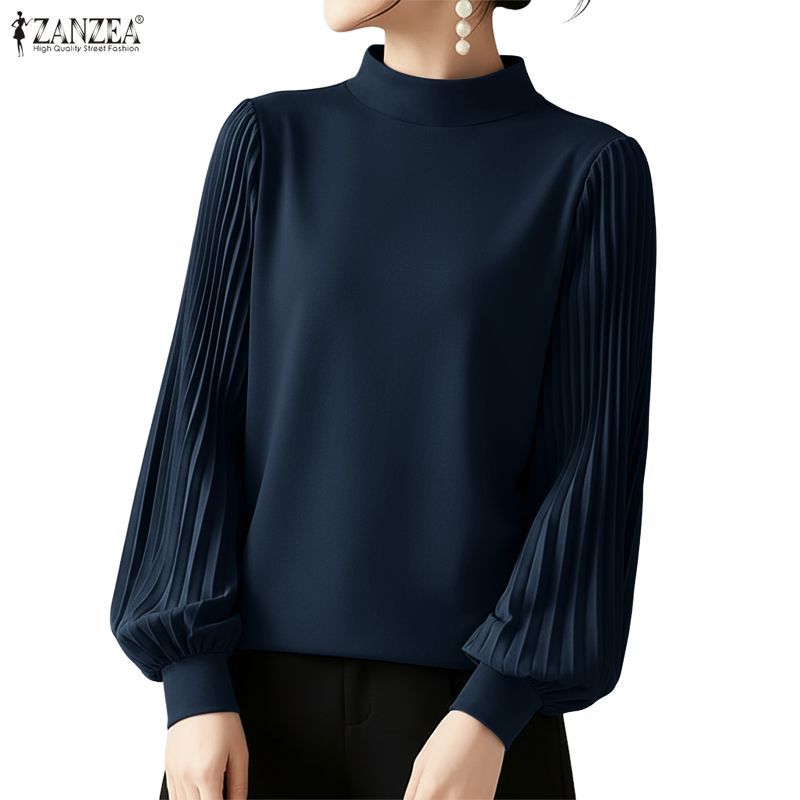ZANZEA สเวตเตอร์สไตล์เกาหลีหรูหรา ดีไซน์ยืนปกแขนโคมไฟจีบประกบ