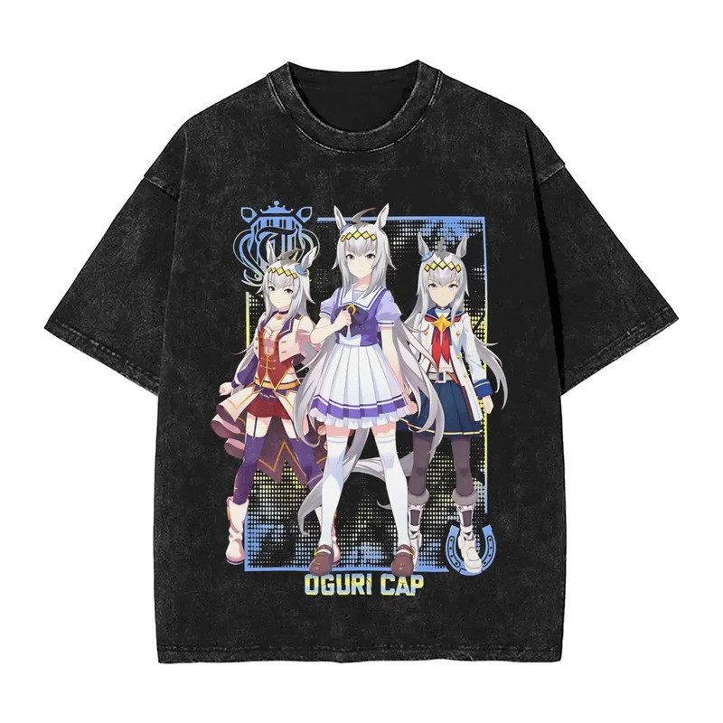 ท็อปส์ซูเสื้อยืดกราฟิกพิมพ์ย้อนยุค Pretty Derby Uma Musume สำหรับผู้ชายและผู้หญิง ผ้าฝ้าย สตรีทแวร์ฮาราจูกุ ฮิปฮอป เสื้อ