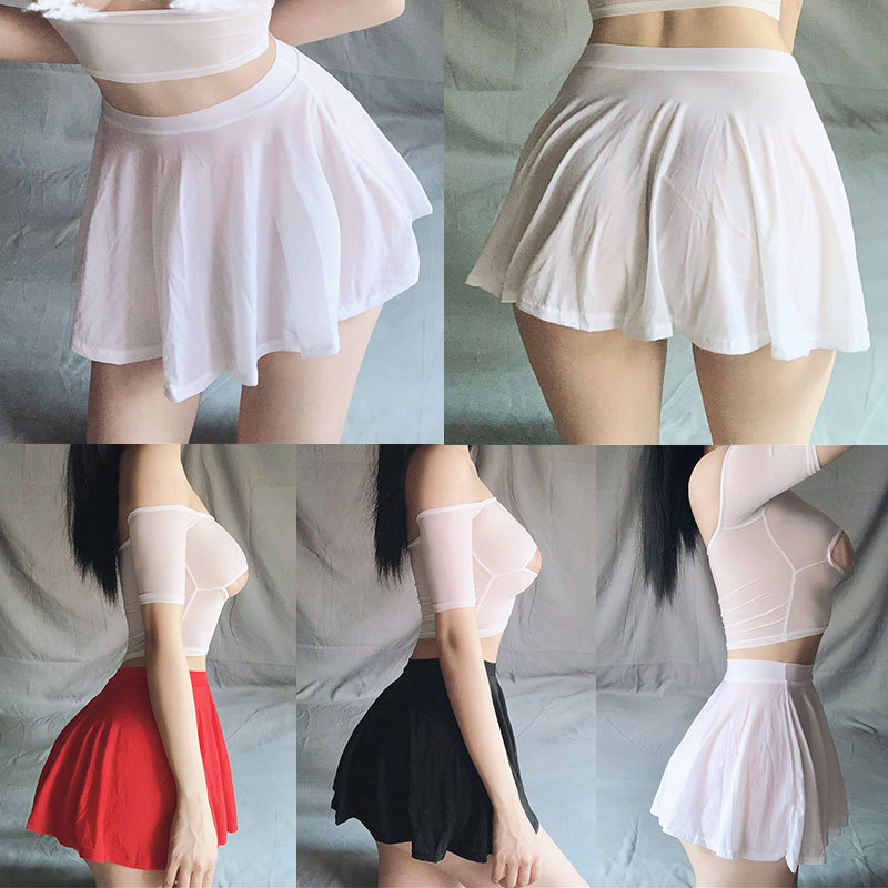 กระโปรงมินิ A-line ทรงเอวสูงแบบพองาม สีเรียบสำหรับการเต้นรำไม่มีภายในเสริม