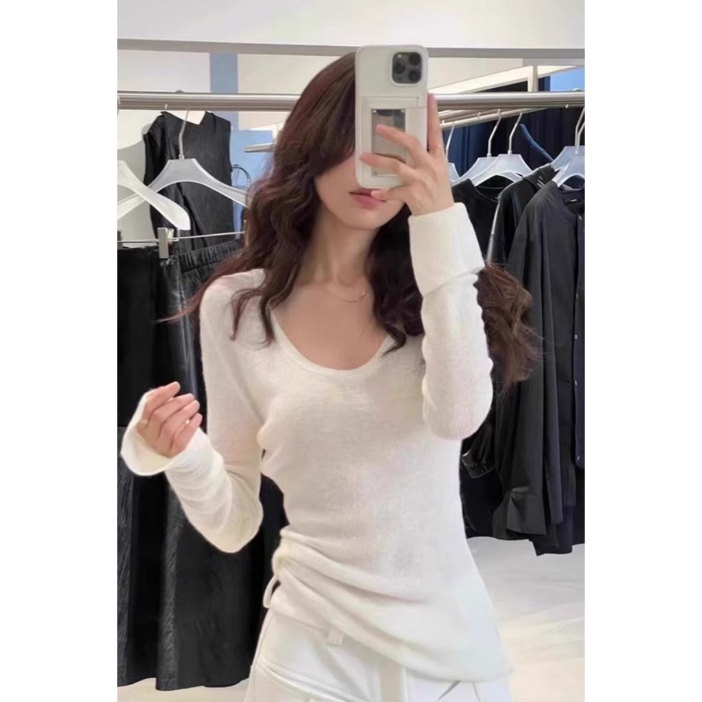 ปลาค็อด ปลาค็อด 20262024ฤดูใบไม้ร่วงฤดูหนาว Minimalist สไตล์ u-คอสีขาว Bottoming เสื้อผู้หญิง Flared