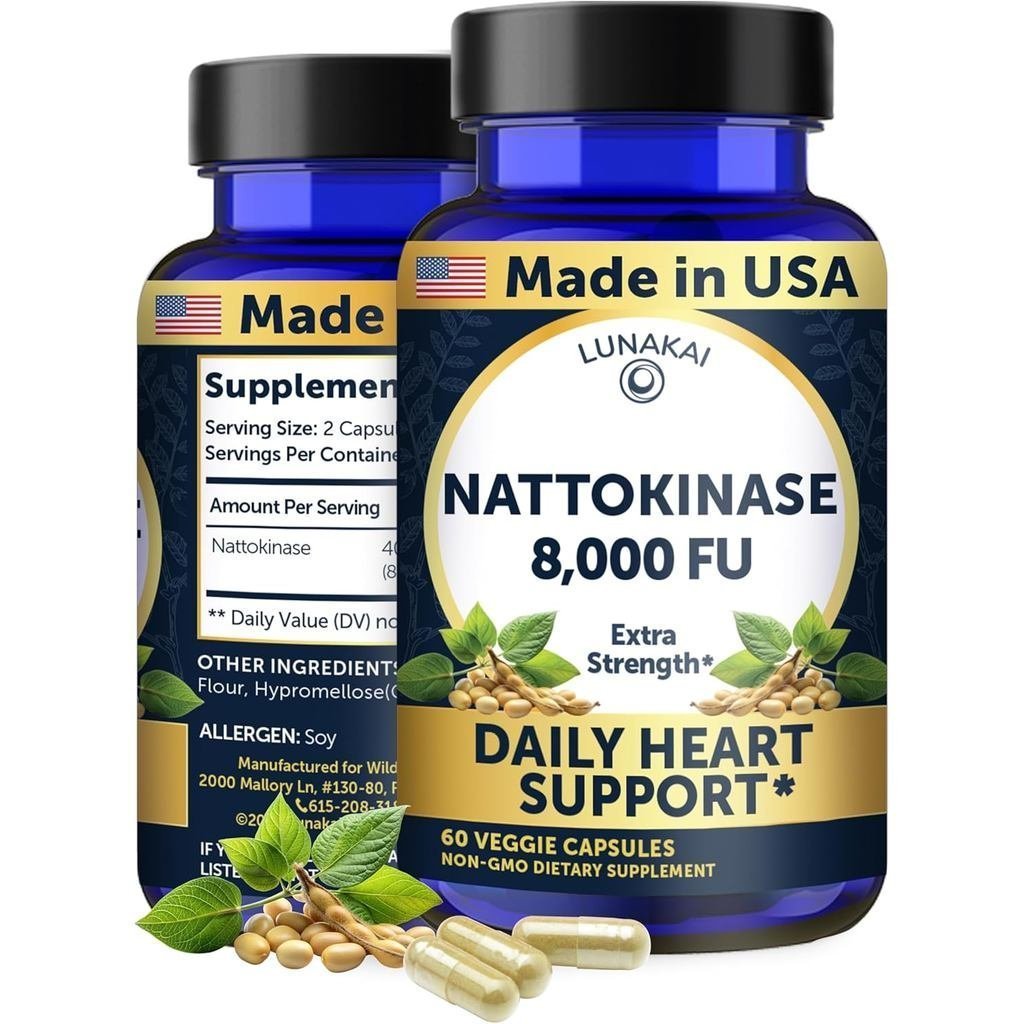 Lunakai USA Made Nattokinase อาหารเสริม – เอนไซม์นัตโตะ 400 มก. 8000 FU ต่อเสิร์ฟ – รองรับหัวใจและกา