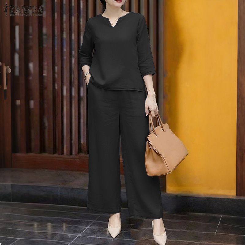 ZANZEA ชุดสำหรับผู้หญิงสไตล์เกาหลี แขน3/4 อายยางยืด ขาทรงกว้าง ชุดสองชิ้นสำหรับใส่วันธรรมดาหรือพักผ่อน ราคา ถูกที่สุด ดีลบีเคเค แกลเลอรีภาพที่ 4