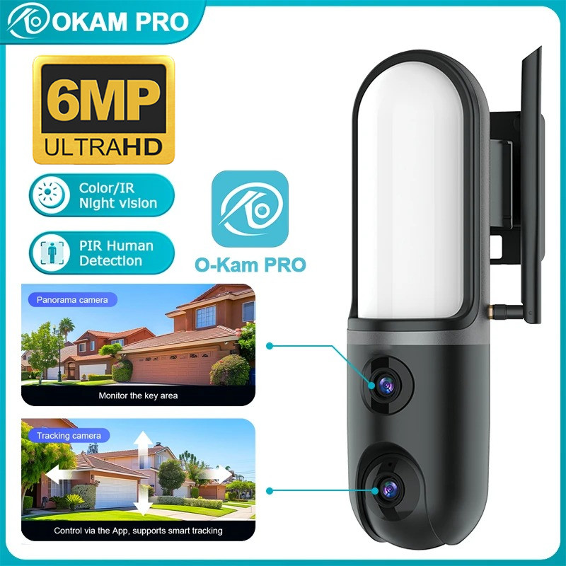 OKAM PRO Street Light 2in1 กล้อง HD 6MP WiFi กล้องวงจรปิด Dual-เลนส์กล้องกลางแจ้งกันน้ํา Motion Trac
