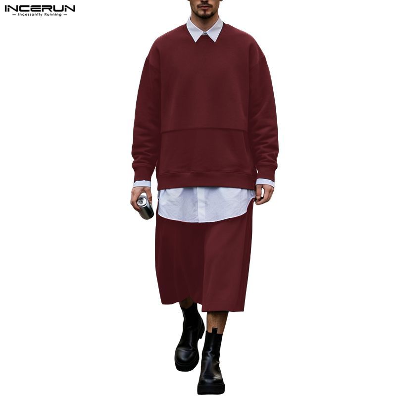 ชุดสองชิ้นสไตล์วินเทจ แขนยาวหลวมและกางเกงขาสั้นสำหรับผู้ชาย