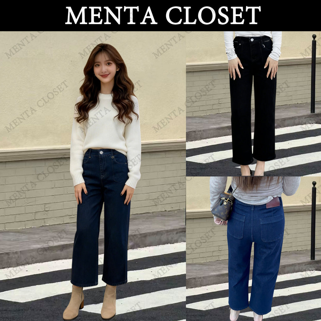MentaCloset🖤 กางเกงยีนส์เอวสูง มีสีน้ำเงินและสีดำให้เลือก กางเกงยีนส์ทรงตรงความยาว 9 ส่วน รุ่นใหม่🩵6650