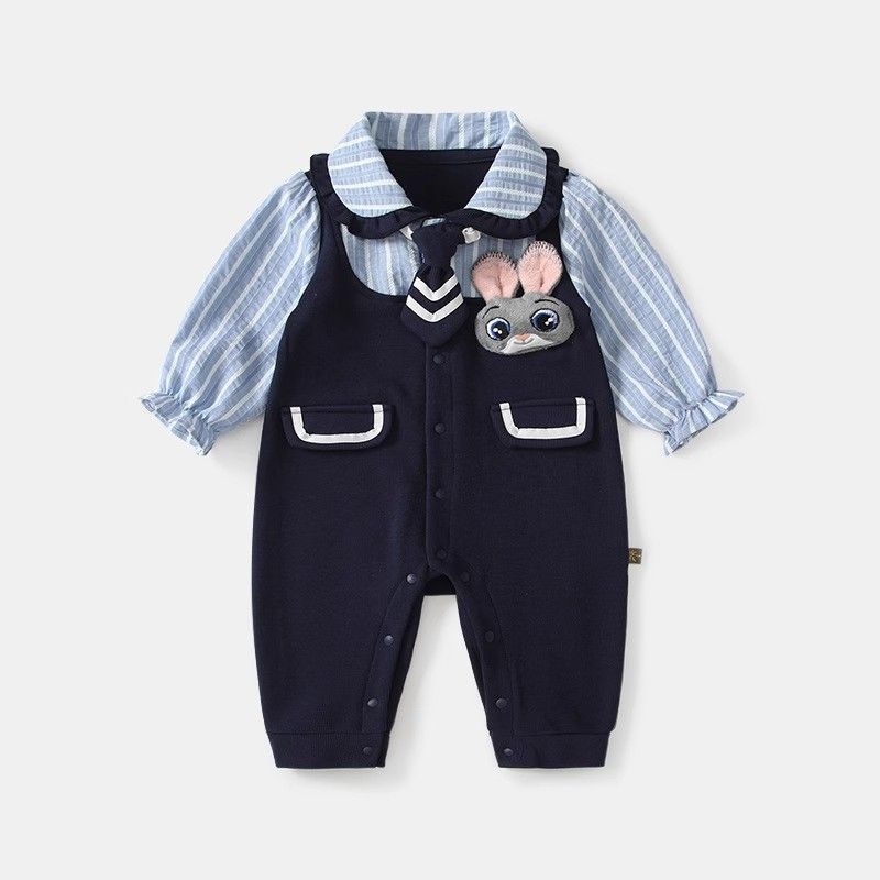 婴儿衣服婴幼儿连体衣假两兔子宝宝警官长袖爬服春秋哈衣外出服1.15Baby Clothes Infant Jumpsuit Fake Two Rabbits Baby Police Long Slee