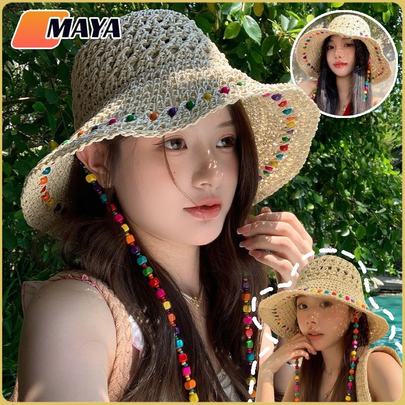 New หมวกชายหาด หมวกกันแดด หมวกฟาง แฟชั่น ลูกปัดไม้สี กันแดด เหมาะสำหรับการถ่ายภาพ – โปรปัง