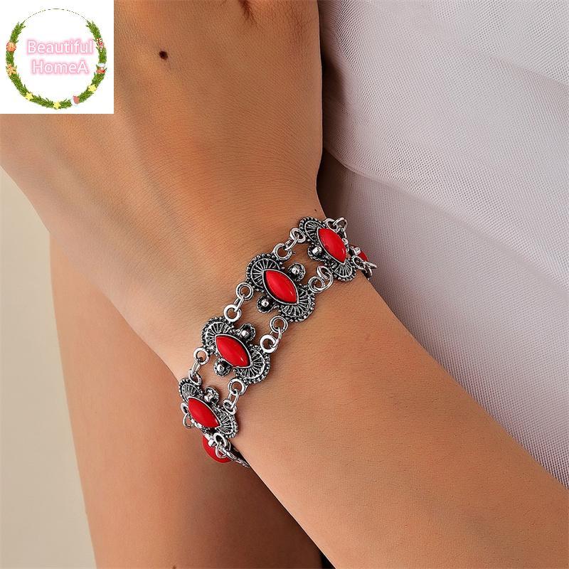 BHome Vintage ชาติพันธุ์ Bohemian กําไลข้อมือสําหรับผู้หญิงภรรยาชายหาดแกะสลักรูปแบบรูปไข่สีแดงหินปรั