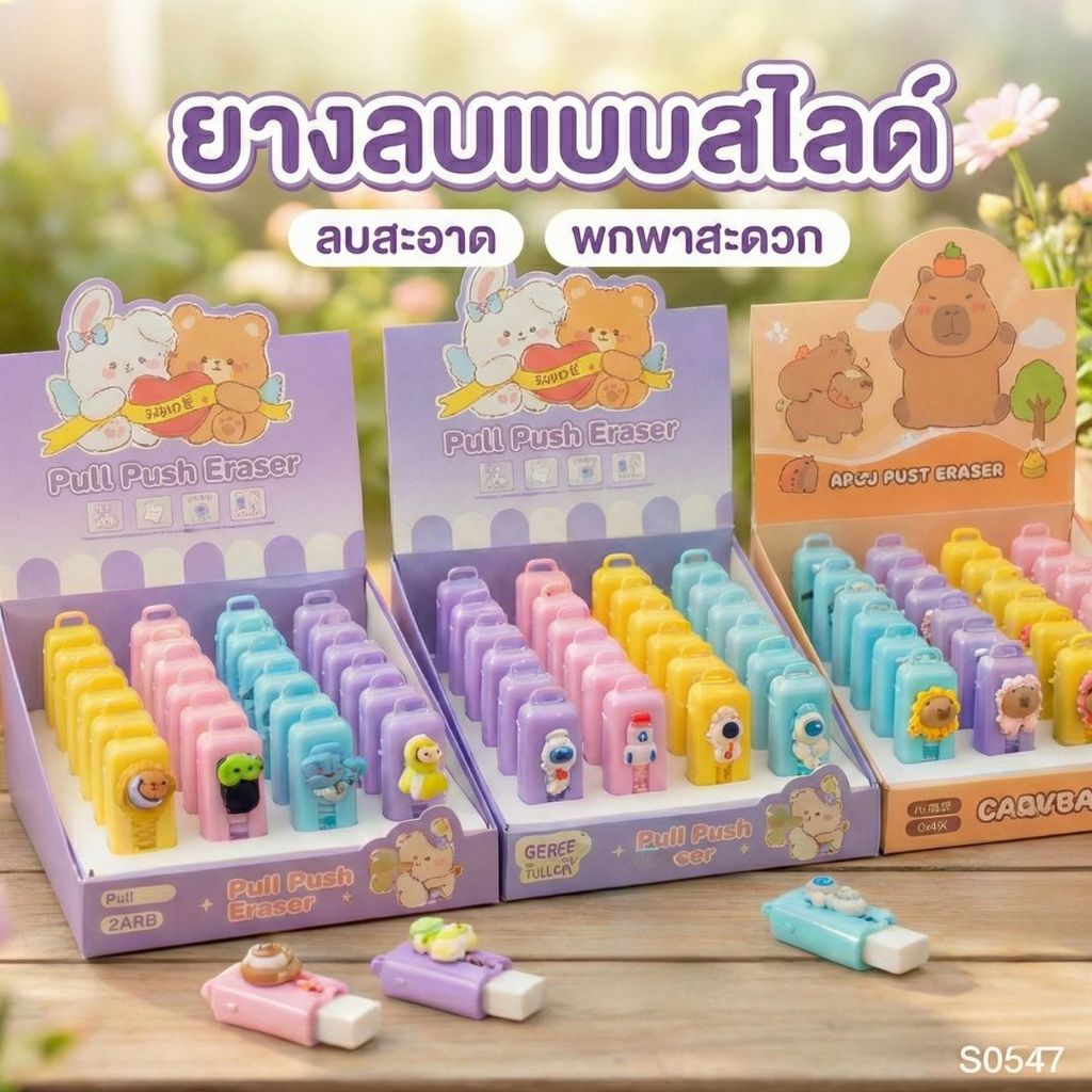 S0547 ยางลบดินสอ แบบสไลด์ ผลักและดึง ลายหมี Butter Bear โทนพาสเทล ยางลบแฟนซี ลบสะอาด น่ารักมากๆ