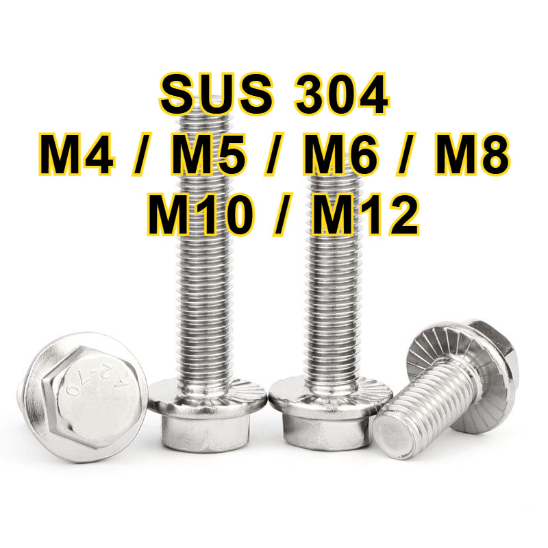 น็อต สกรู หัว 6 เหลี่ยมติดแหวน ใต้คอฟัน โบลท์ สแตนเลส 304 เกลียวมิล ตลอด หยาบ / Flange Hexagon Bolt 