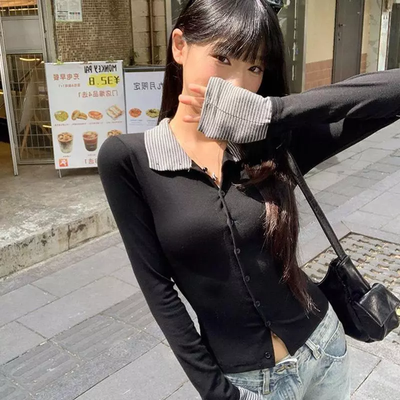 ภาพอย่างเป็นทางการ ราคาจริง เส้นด้ายฝ้ายเลียนแบบ สาวฮอต ฤดูใบไม้ร่วง ดูดี เสื้อคอปกพับ แขนยาว ผู้หญิง เสื้อยืด ดีไซน์ไม่