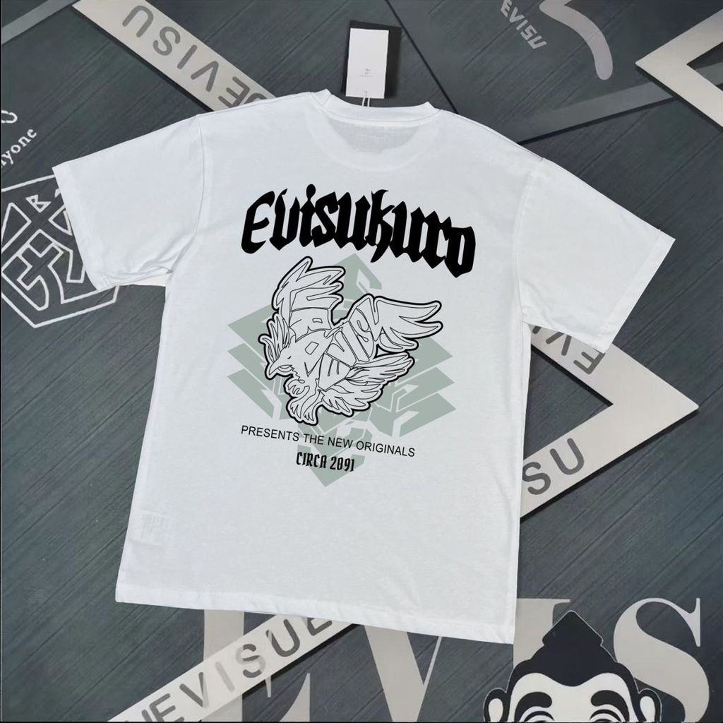 เสื้อยืดแขนสั้น EVC High Street สำหรับผู้ชาย ออกแบบใหม่ในฤดูร้อน ลายพิมพ์โลโก้ Eagle ทรงคลายหลวมรอบค