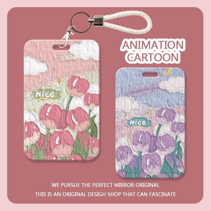 🌷💜 ซองการ์ดทิวลิปสีม่วง หนังสีขาว สายคล้องบัตรนักเรียน ซองใส่บัตรประจำตัว ซองใส่บัตรรถไฟฟ้าและรถประจำทาง