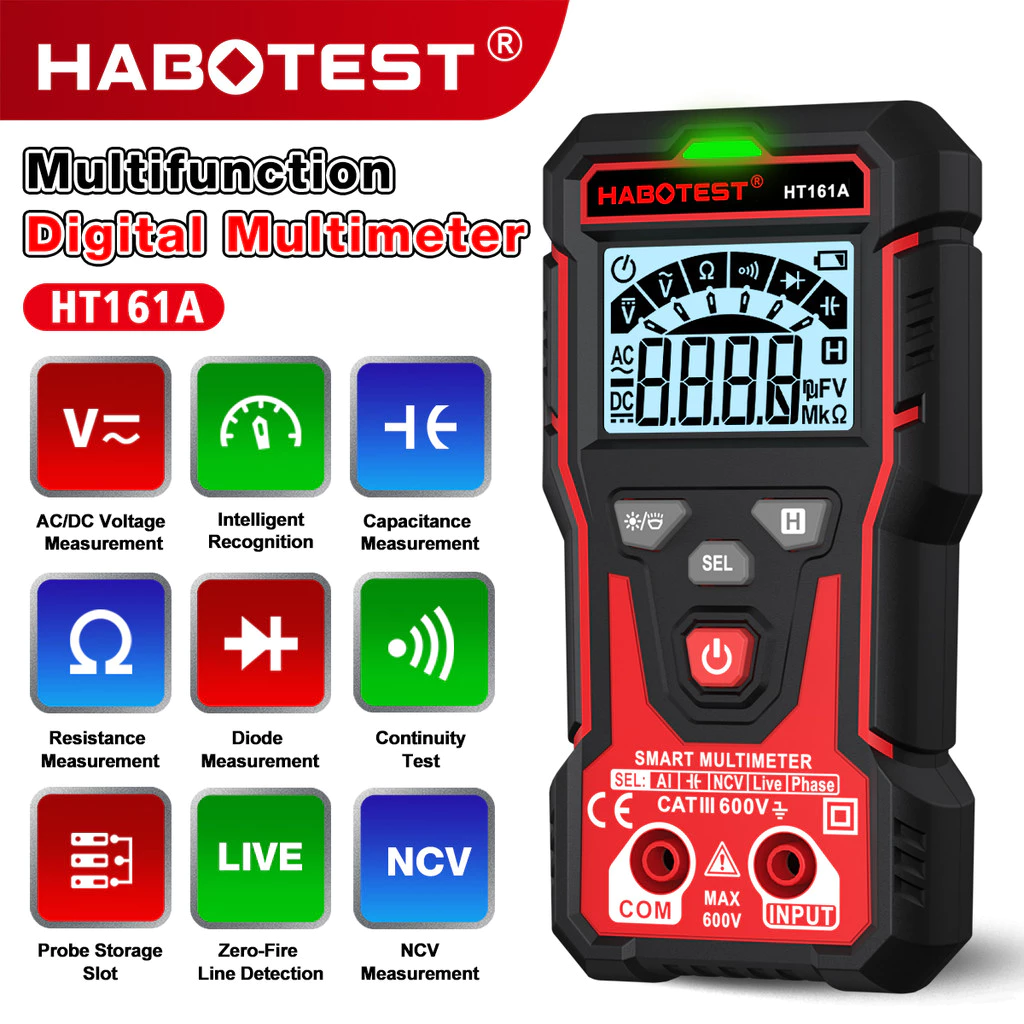 HABOTEST HT161A ( HT123 อัพเกรด ) มัลติมิเตอร์แบบดิจิตอล 600V การตรวจจับแรงดันไฟฟ้า AC/DC 4000 นับเพิ่มฟังก์ชั่นความจุ/จอแสดงผลพร้อมหน้าจอขนาดใหญ่ความละเอียดสูงและขาตั้ง