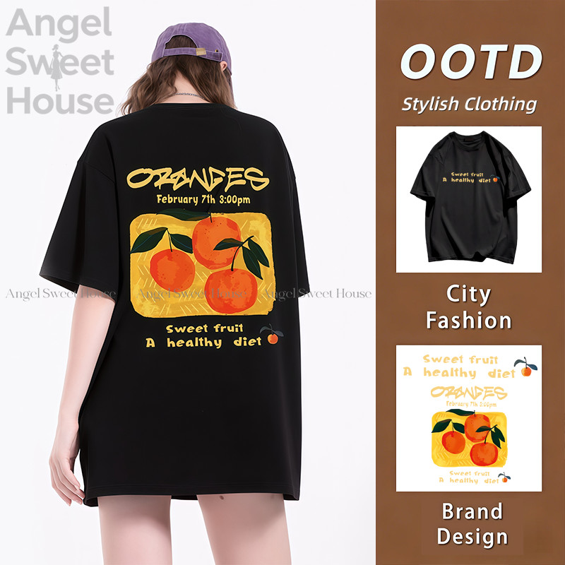 (จัดส่งตลอด 24 ชั่วโมง）Angle Official เสื้อยืดพิมพ์ลายสีส้มสไตล์อเมริกัน แขนสั้น คอกลม ผ้าเนื้อนุ่ม สวมใส่สบาย
