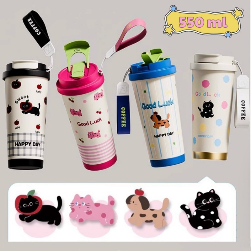 COD พร้อมส่ง ถ้วยกาแฟสแตนเลส 550ml เก็บความร้อนนาน ลายการ์ตูนน่ารัก
