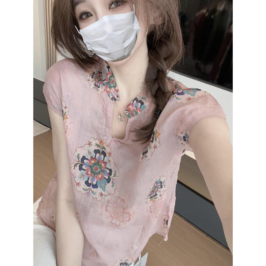 เสื้อเชิ้ตคอวีคอปกคอวีสําหรับผู้หญิงฤดูร้อนใหม่เสื้อเชิ้ตแขนสั้นติดกระดุมคอวีผู้หญิงฤดูร้อนใหม่GHG