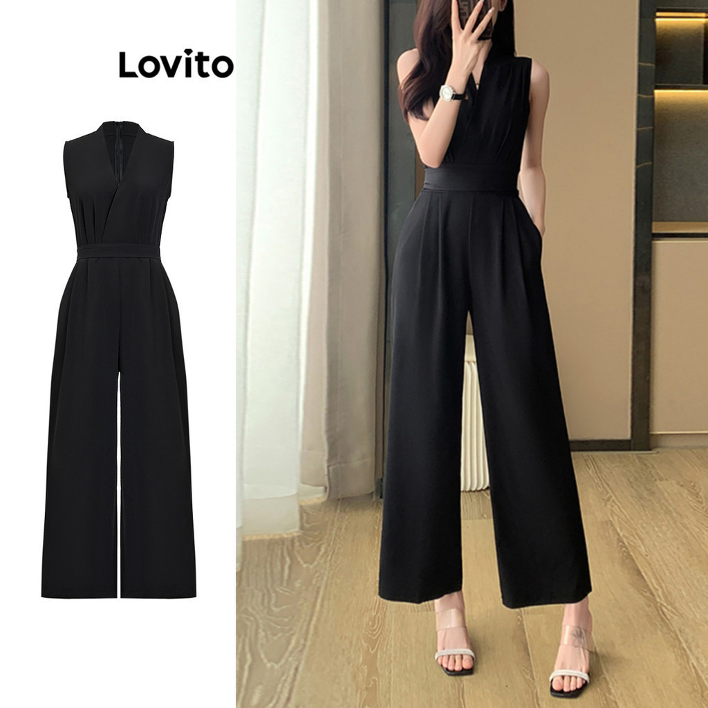 Lovito จั๊มสูทผู้หญิง แต่งจีบ สีพื้น สไตล์ลำลอง LED104525