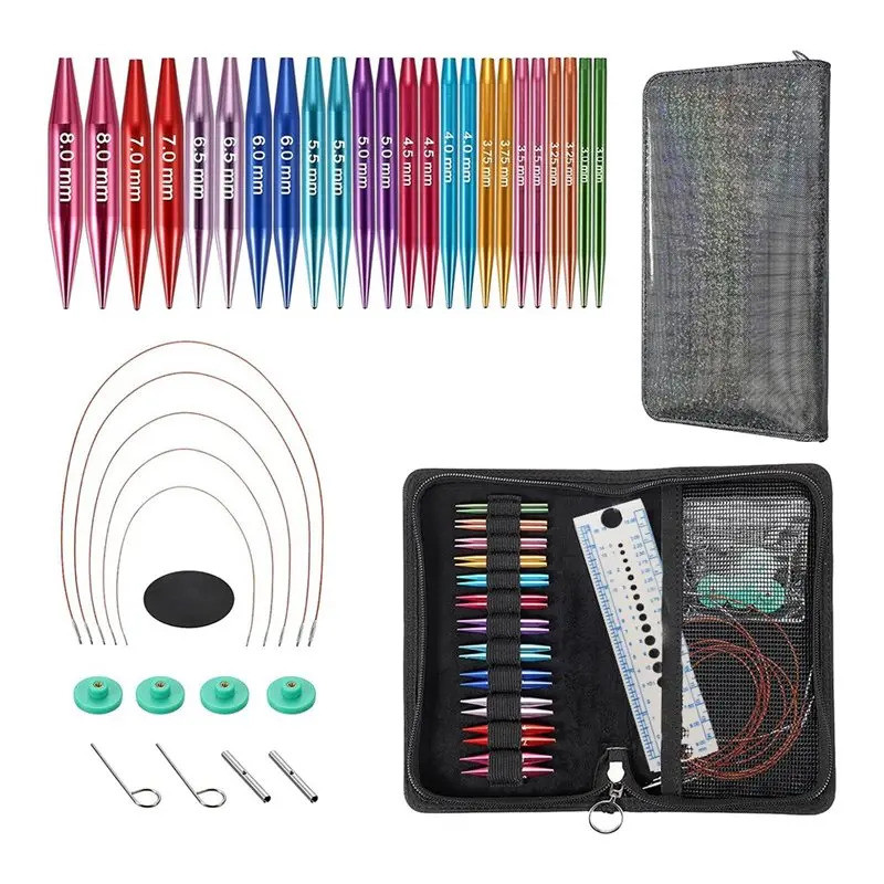 A59Z-Short Interchangeable Knitting Needles Set, 2-Inch Metal Circular Knitting Needles Kit For Begi