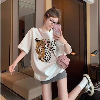 เสื้อยืดสไตล์เกาหลีผู้หญิง / เสื้อยืดสีครีมลายเสือดาว / ชุดสบายๆ สไตล์คาซุแวล 1.27