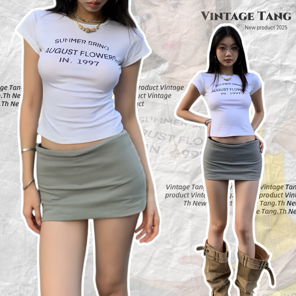 พร้อมส่ง🏷️ชุดสองชิ้น เสื้อยืดแขนสั้น+กระโปรงสั้นมินิ มีซับใน ลายอักษร ชุดเซ็ตผู้หญิง ผ้าฝ้าย ทรงมินิมอล สไตล์เกาหลี