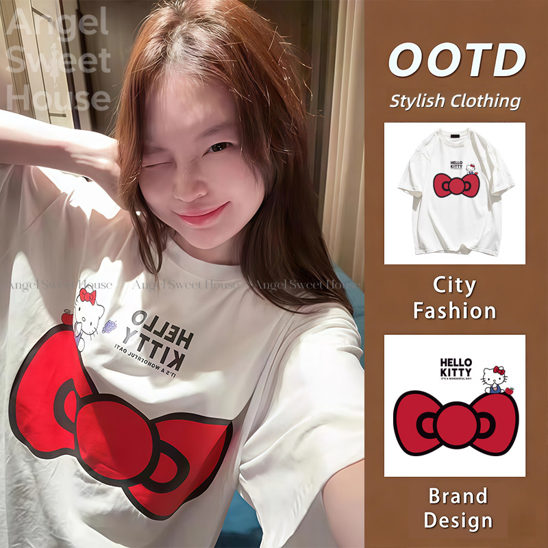 COD เสื้อยืดผู้หญิง Oversize ลายโบว์แดงน่ารัก เสื้อแขนสั้น Y2K สไตล์เกาหลี แฟชั่นสาวหวาน ใส่สบาย พร้อมส่ง