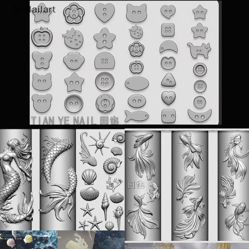 M-Nailart 3Dซิลิโคนนุ่มเล็บOcean Mermaidแม่แบบเล็บแม่พิมพ์ปลาทองKoi ButtonsCavesการ์ตูนแม่แบบสําหรับเล็บDIYอุปกรณ์เสริม