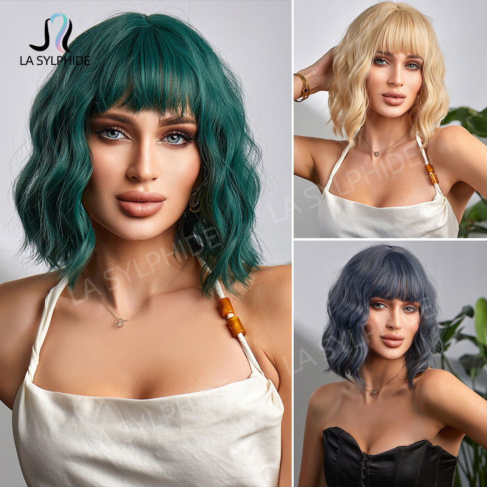 วิกผมหญิงหวานเย็นอุณหภูมิสูงผ้าไหมคอสเพลย์สีเขียวสีฟ้าMulticolorผมหยิกสั้นQ Bangsกลไกเต็มหมวกผมMDF6