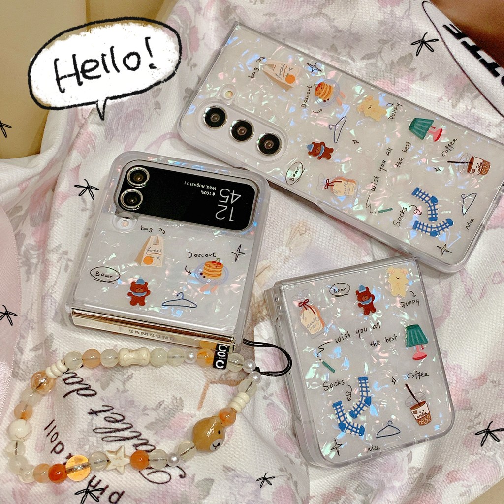 น่ารัก กราฟฟิตี้ เค้ก หมีน้อย โซ่ห้อยลูกปัด เคส Samsung Galaxy Z Fold 7 6 5 4 พลิกปก Z Flip 7 6 5 4 Case